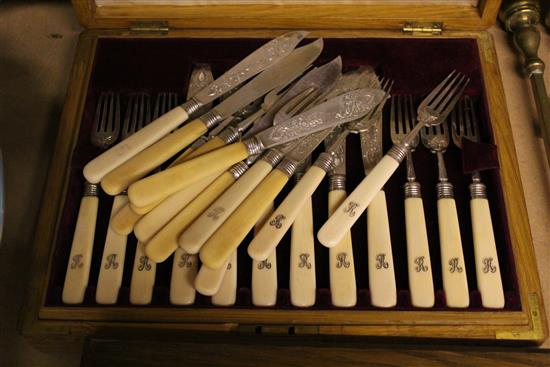 Cased set of bone handled fruit knives & fork and a smiliar set